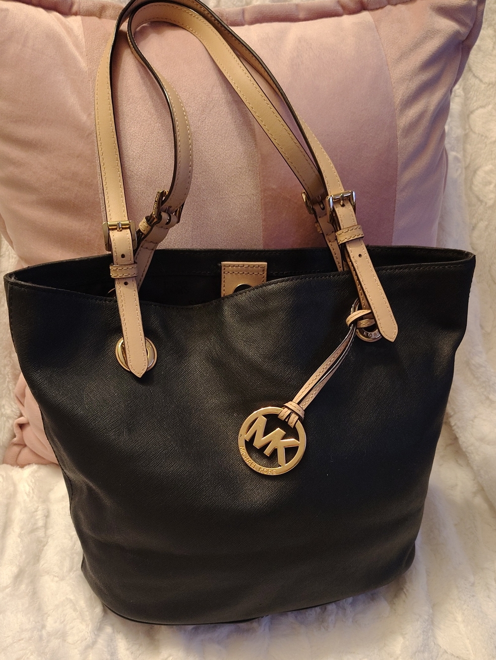 Michael Kors Black Tote with Beige Straps and Gold Logo Charm